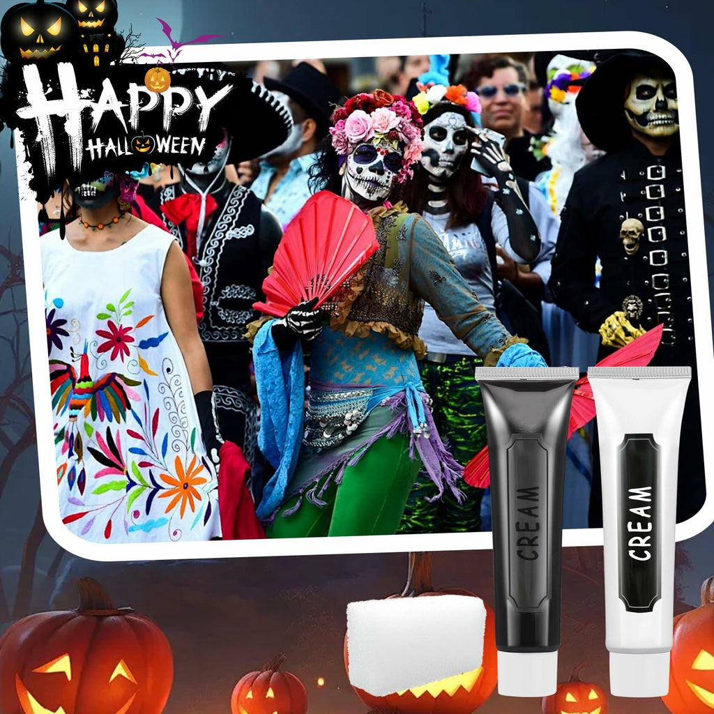 Black White Oil-Based Face Paint Kit with Brushes - Professional Halloween